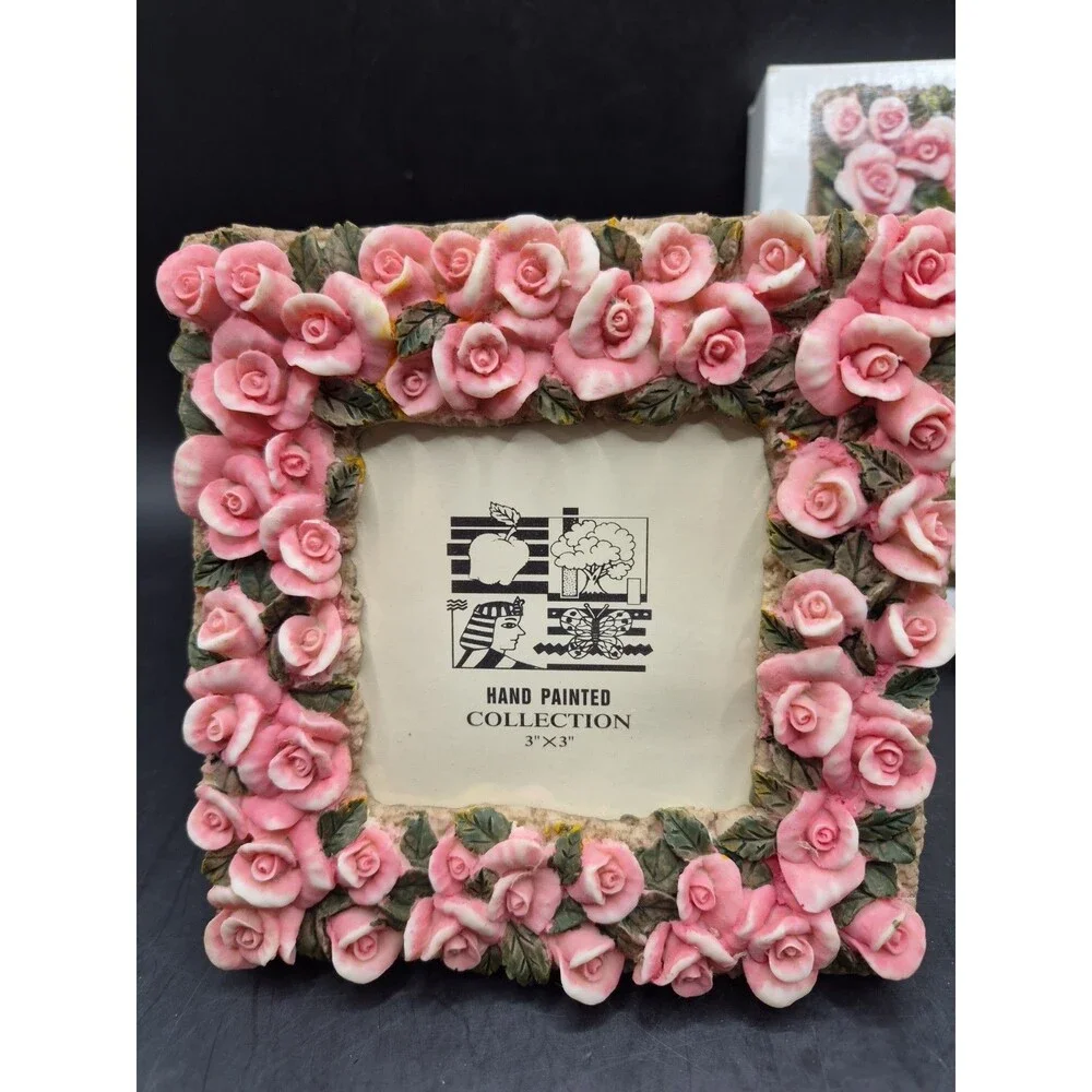 Vintage Pink Rose Floral Ceramic Photo Frame 3D Roses Shabby Chic Cottagecore